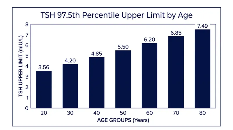 The natural upper limit for TSH shifts significantly upward as humans age, even in the absence of thyroid disease.