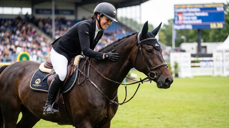Pamukcu celebrates a successful show jumping round that secured her third-place finish.