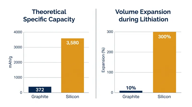 Silicon offers nearly ten times the capacity of graphite, but introduces severe mechanical swelling challenges.