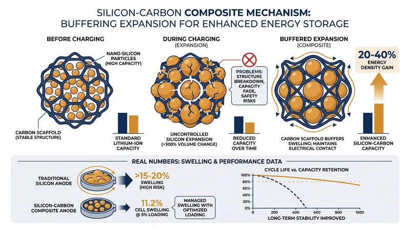 Carbon scaffolding buffers the volumetric expansion of silicon, translating theoretical capacity into a 20 to 40 percent realized energy density gain.
