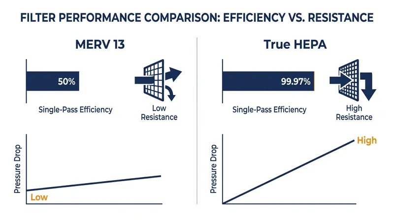 The physical trade-off between single-pass capture efficiency and airflow resistance.