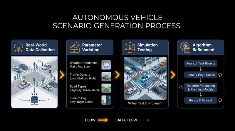 Scenario generation pipelines systematically alter variables like weather and speed to force perception algorithms into failure states.