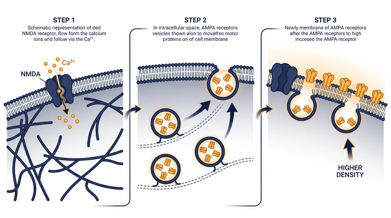 Following the calcium influx, new AMPA receptors are transported from internal vesicles and inserted into the postsynaptic membrane.