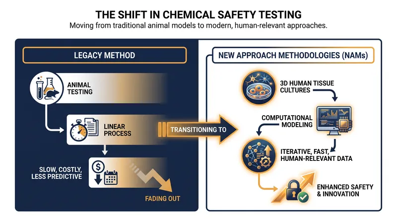 New Approach Methodologies (NAMs) utilize human cell cultures and digital models to predict chemical toxicity faster than traditional animal studies.