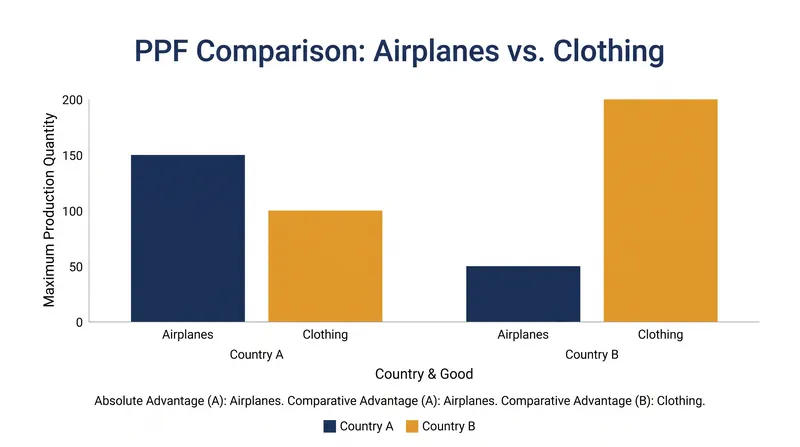 Production possibility frontiers illustrate the trade-offs required to manufacture different goods.