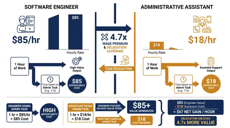The 4.7x wage premium demonstrates why absolute advantage does not dictate task allocation.