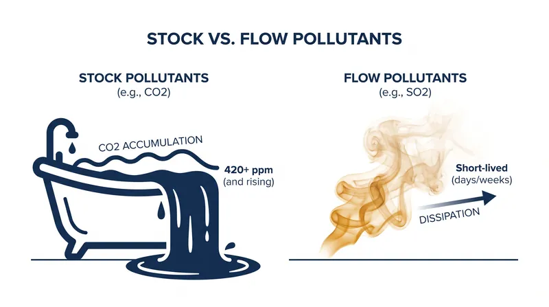 Flow pollutants dissipate when the source stops, while stock pollutants accumulate indefinitely.
