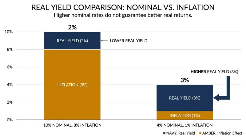 Higher nominal rates do not guarantee higher returns if inflation outpaces the stated yield.