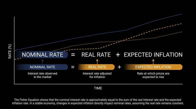 The Fisher Equation breaks down the stated interest rate into actual purchasing power and inflation compensation.