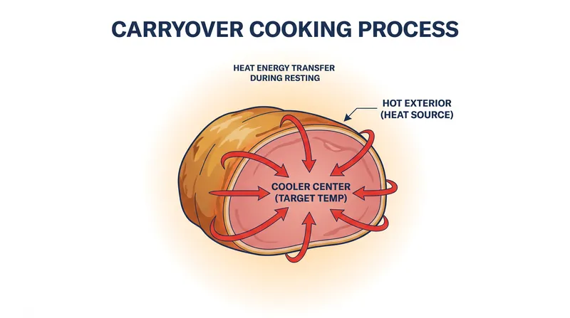 Carryover cooking is driven by thermodynamics, as thermal energy continues to travel from the hot exterior to the cooler center even after the meat is removed from the heat.