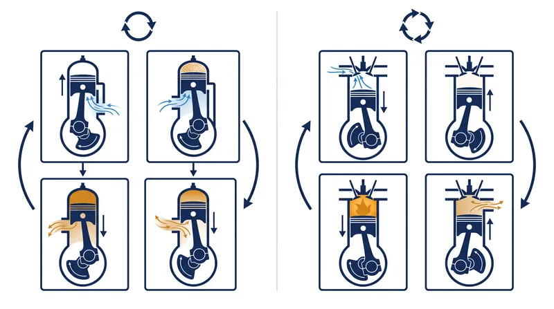 A four-stroke engine requires two full crankshaft rotations to complete one power cycle, while a two-stroke fires on every revolution.