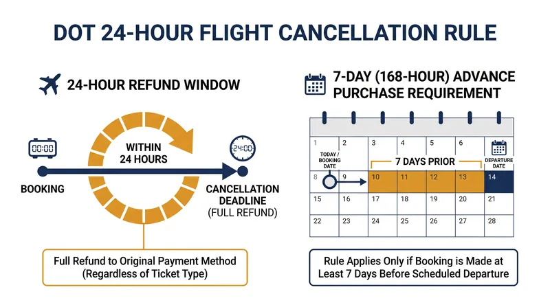 The two critical timeframes that determine whether a flight cancellation qualifies for a mandatory federal refund.