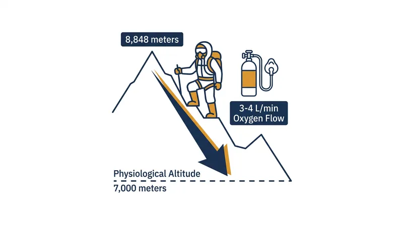 Supplemental oxygen does not return a climber to sea-level conditions; it merely offsets about 1,500 to 2,000 meters of physiological strain.