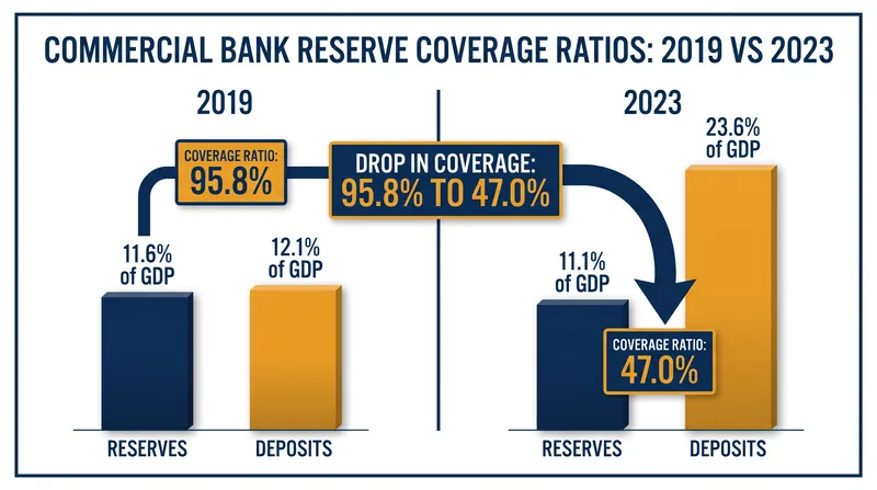 While aggregate reserves remain stable relative to GDP, surging checkable deposits have halved the effective liquidity buffer.