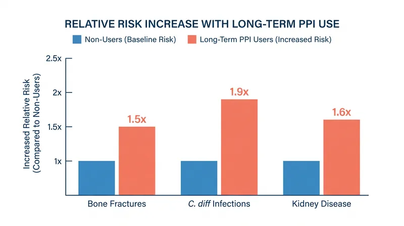 Long-term suppression of stomach acid is associated with downstream systemic risks.