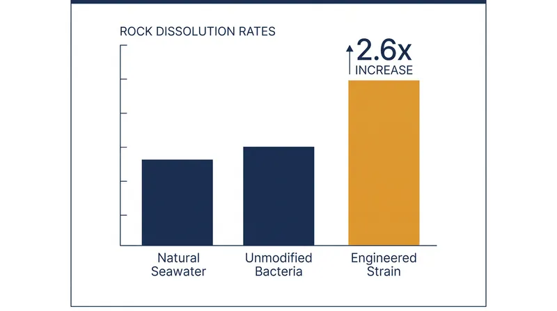 The engineered Alteromonas macleodii strain increased olivine weathering by 2.6 times compared to control conditions.