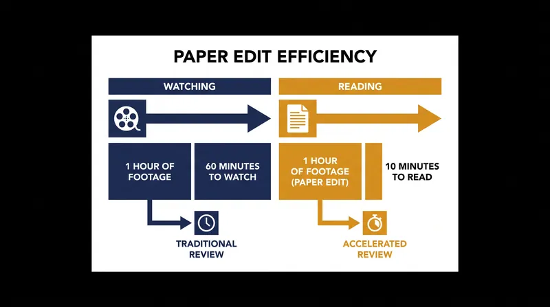 Reading transcripts allows editors to process footage at roughly six times the speed of real-time playback.