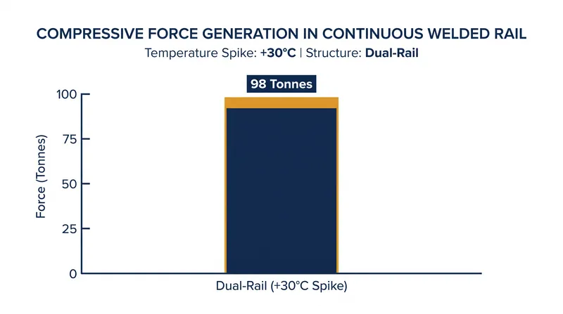 A standard 30°C summer temperature spike generates over 98 tonnes of longitudinal compressive force across a dual-rail track structure.
