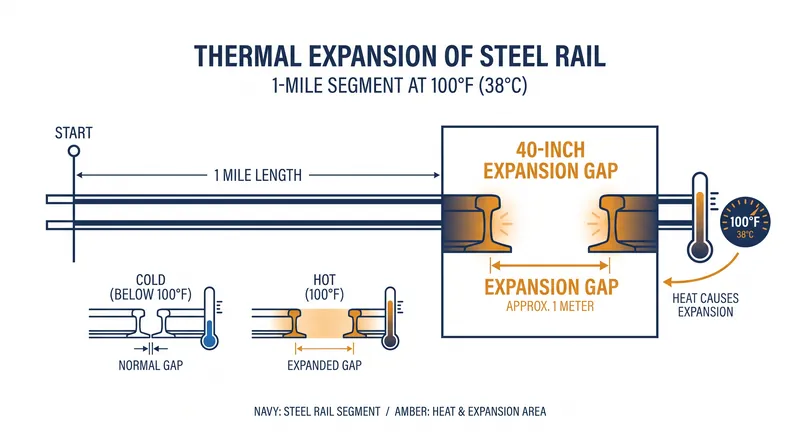 Without restraint, a one-mile stretch of steel rail will attempt to expand by 40 inches during a 100°F temperature increase.