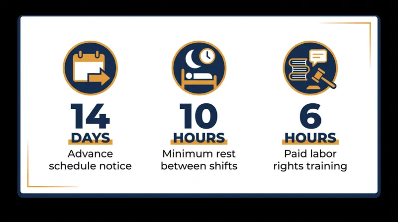 The proposed ordinance introduces strict scheduling and training mandates for large fast-food chains.