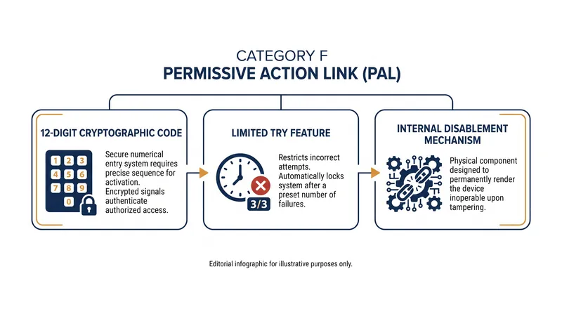 Modern Category F PALs incorporate multiple layers of hardware security to prevent unauthorized arming.