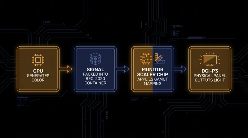 Because the signal container is larger than the physical panel, the monitor's scaler chip must mathematically compress the incoming colors.
