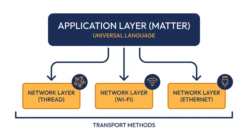 Matter acts as the universal language, while Thread, Wi-Fi, and Ethernet serve as the transport roads.