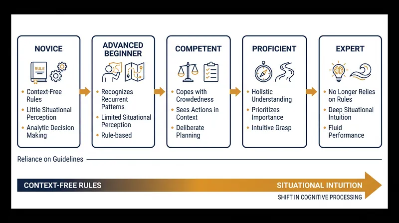 The five stages of skill acquisition map the transition from rigid rule-following to holistic pattern recognition.