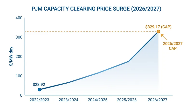 PJM's capacity clearing price has surged nearly 1,100 percent in two years as load growth outpaces new generation.