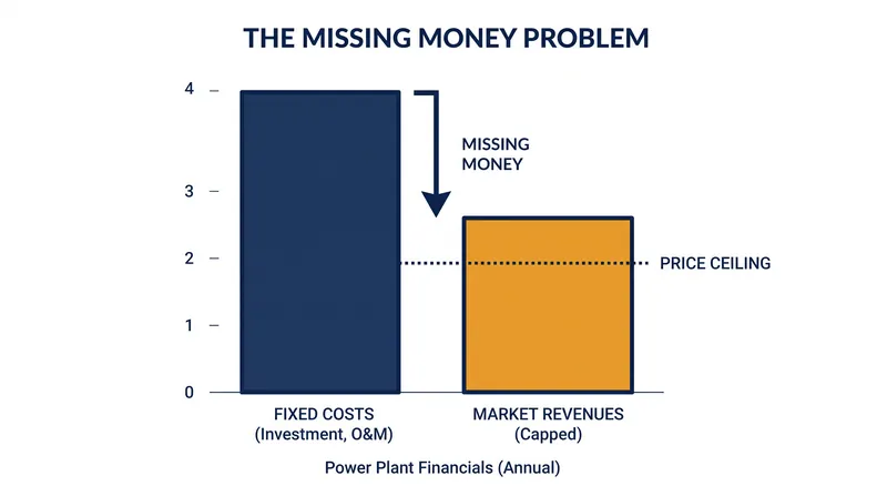Price caps in wholesale energy markets prevent peaker plants from recovering their fixed costs, creating the missing money problem.