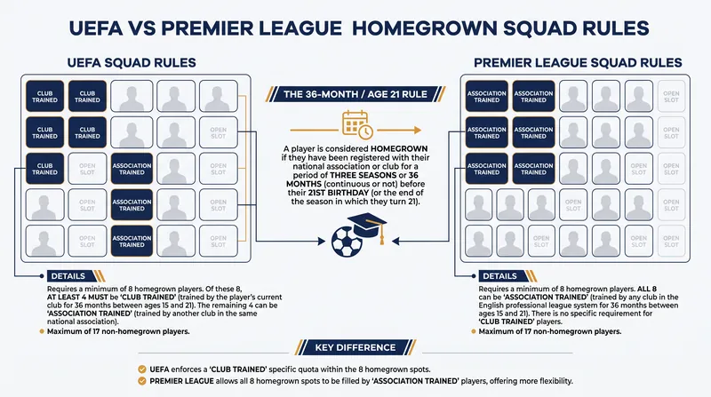 While both jurisdictions require eight locally trained players, UEFA mandates that four must be trained specifically by the registering club.