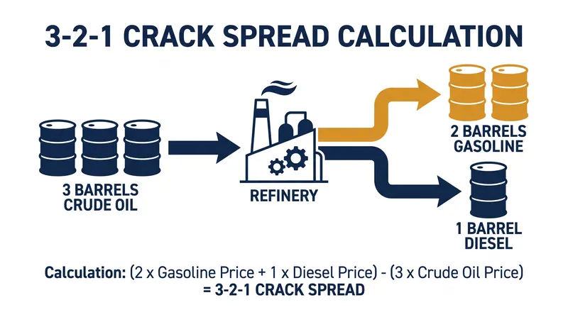 The 3-2-1 ratio approximates the standard yield of a U.S. refinery: three barrels of crude produce two barrels of gasoline and one barrel of distillate.