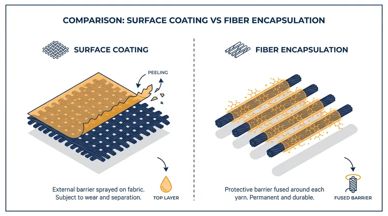 Unlike traditional spray-on repellents, fiber encapsulation bonds a protective barrier to each individual yarn before weaving.