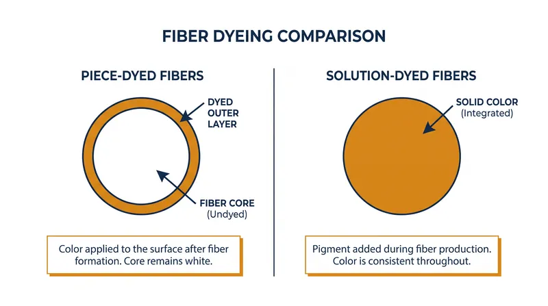Solution-dyed fibers integrate pigment into the liquid polymer before it is spun, leaving no empty dye sites for stains to attach to.