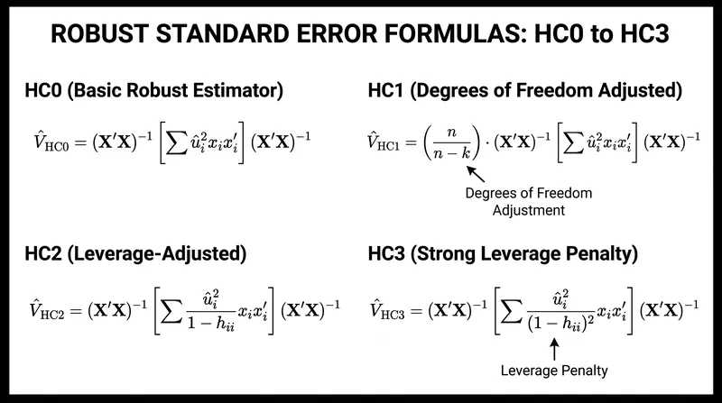 The evolution of the Huber-White estimator from the asymptotic HC0 to the leverage-corrected HC3.