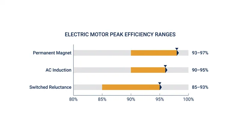 Peak electromechanical conversion efficiencies across the three primary motor architectures.