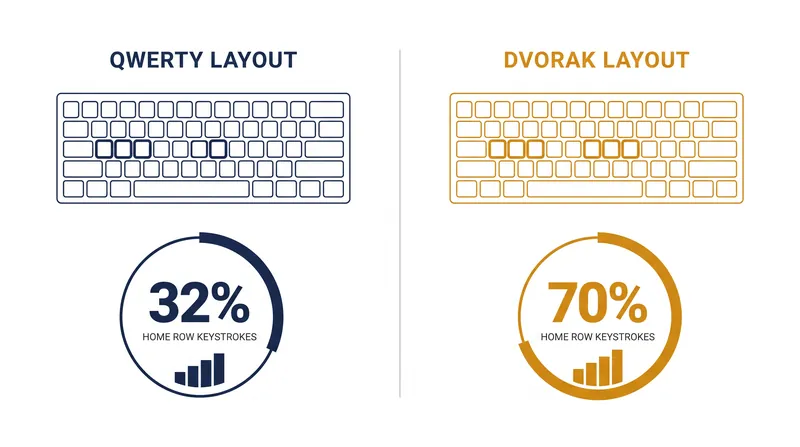 The Dvorak layout places the most common letters on the home row, drastically reducing finger travel compared to QWERTY.