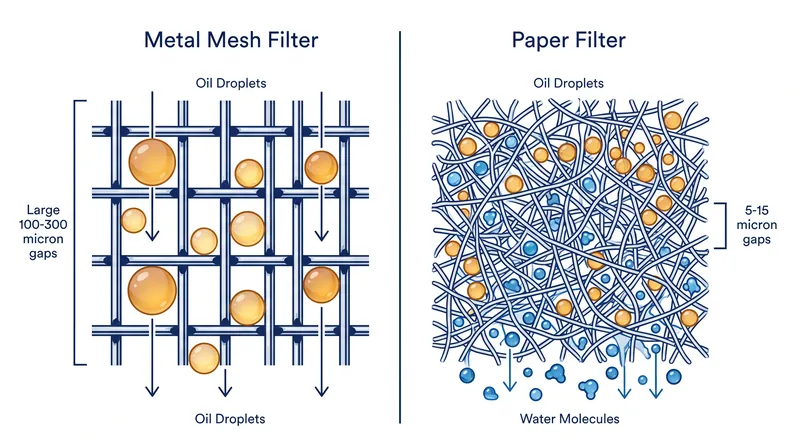 Metal mesh allows lipid droplets to pass freely, while the 5-micron pores of a paper filter act as a physical trap.
