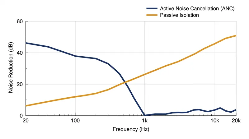 Active cancellation handles low-frequency rumbles, while passive isolation materials take over above the 1,000 Hz threshold.