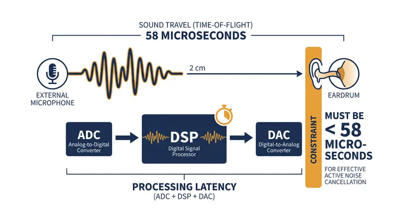 To successfully cancel noise, the digital processor must generate an inverse wave before the original sound travels the two centimeters to the eardrum.