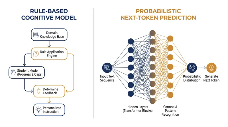 Cognitive tutors rely on hard-coded rules, while LLMs use probabilistic text generation.