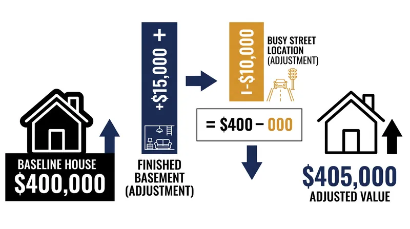 The Sales Comparison Approach adjusts baseline values based on specific property features.