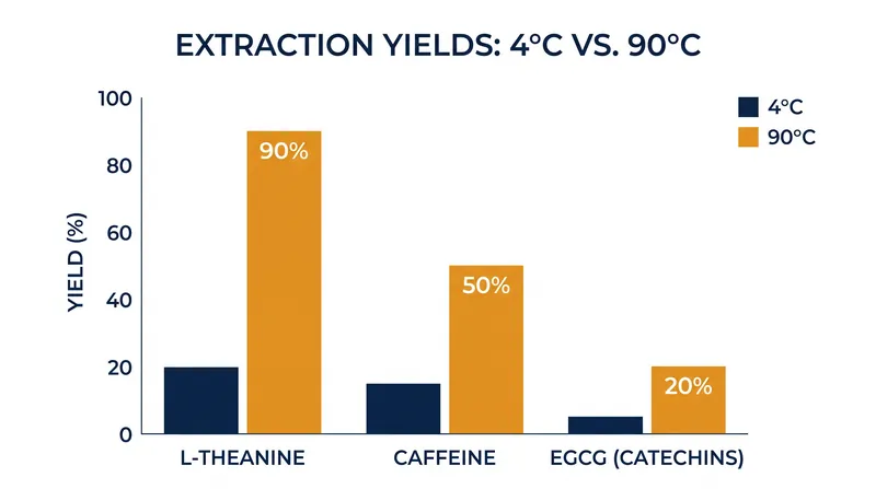 The extraction gap: Cold water pulls nearly all the sweet L-theanine but leaves the majority of bitter EGCG behind.