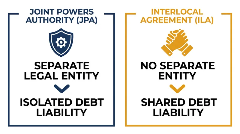 The structural firewall of a Joint Powers Authority protects member cities from project-specific debt defaults.