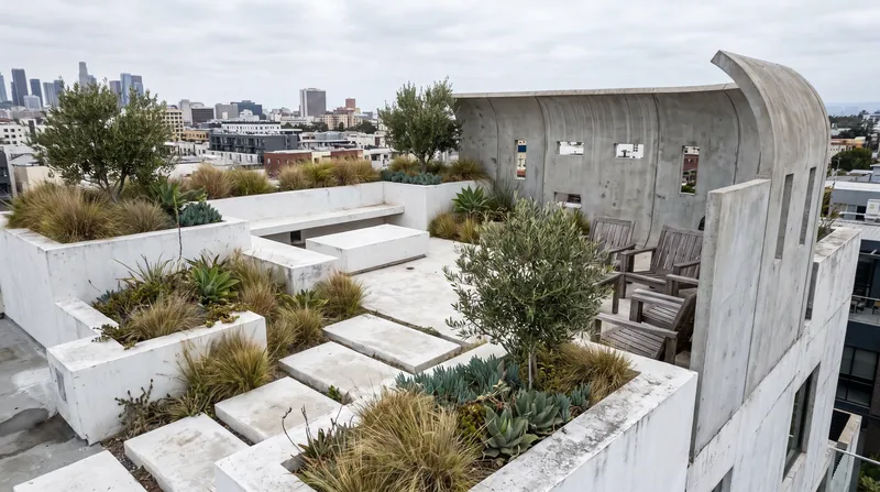 The roof garden was intended to protect the concrete and provide insulation, though early implementations struggled with severe leaks.