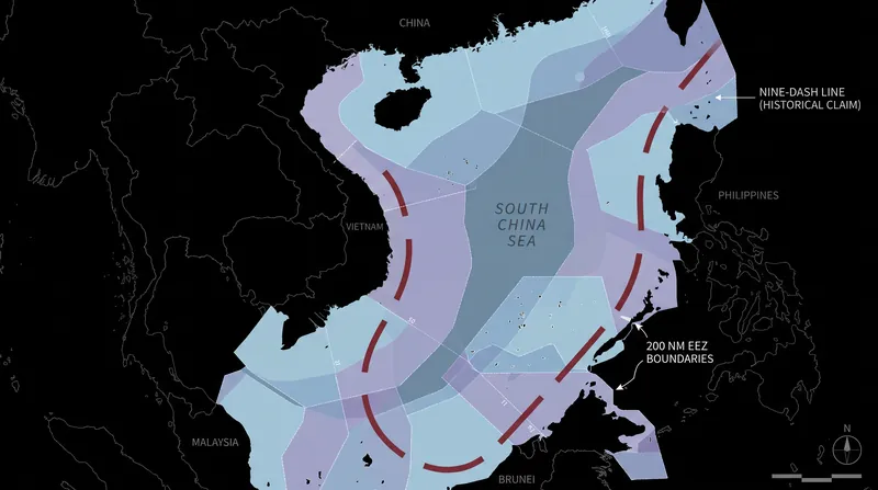 The Nine-Dash Line encompasses roughly 90 percent of the basin, overlapping the 200-nautical-mile EEZs of multiple Southeast Asian nations.
