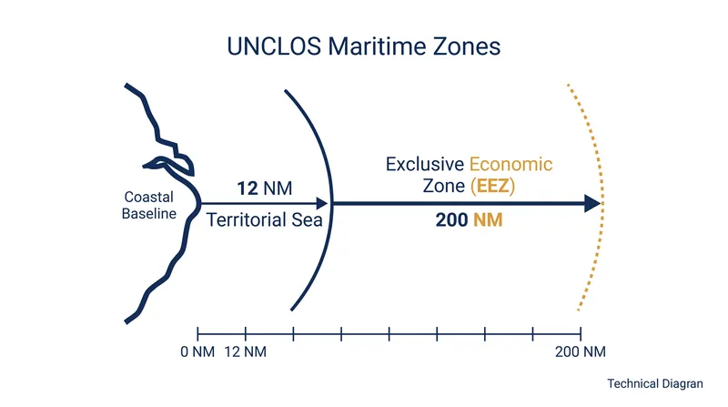 The UNCLOS framework allocates maritime rights based on strict mathematical distances from a coastal baseline.