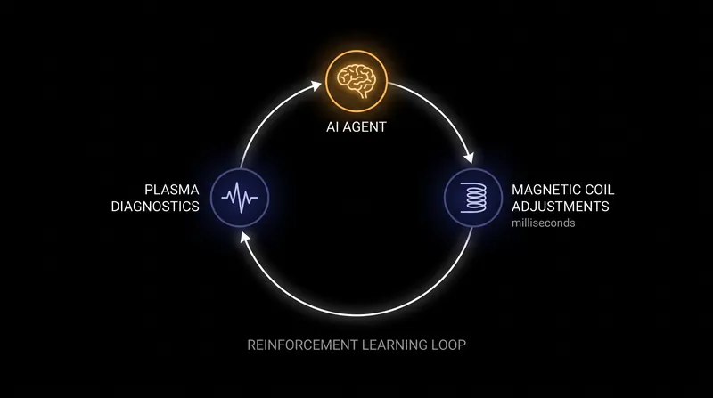 Reinforcement learning agents learn to adjust magnetic coils through trial and error in simulation before being deployed to physical reactors.
