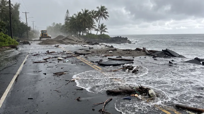 Storm surge and wave heights exceeding 25 feet pushed sand and boulders onto Kauaʻi's coastal highways.