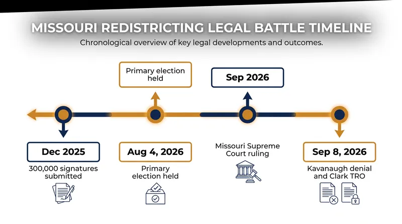 Timeline of the legal maneuvers surrounding Missouri's House Bill 1 congressional map.